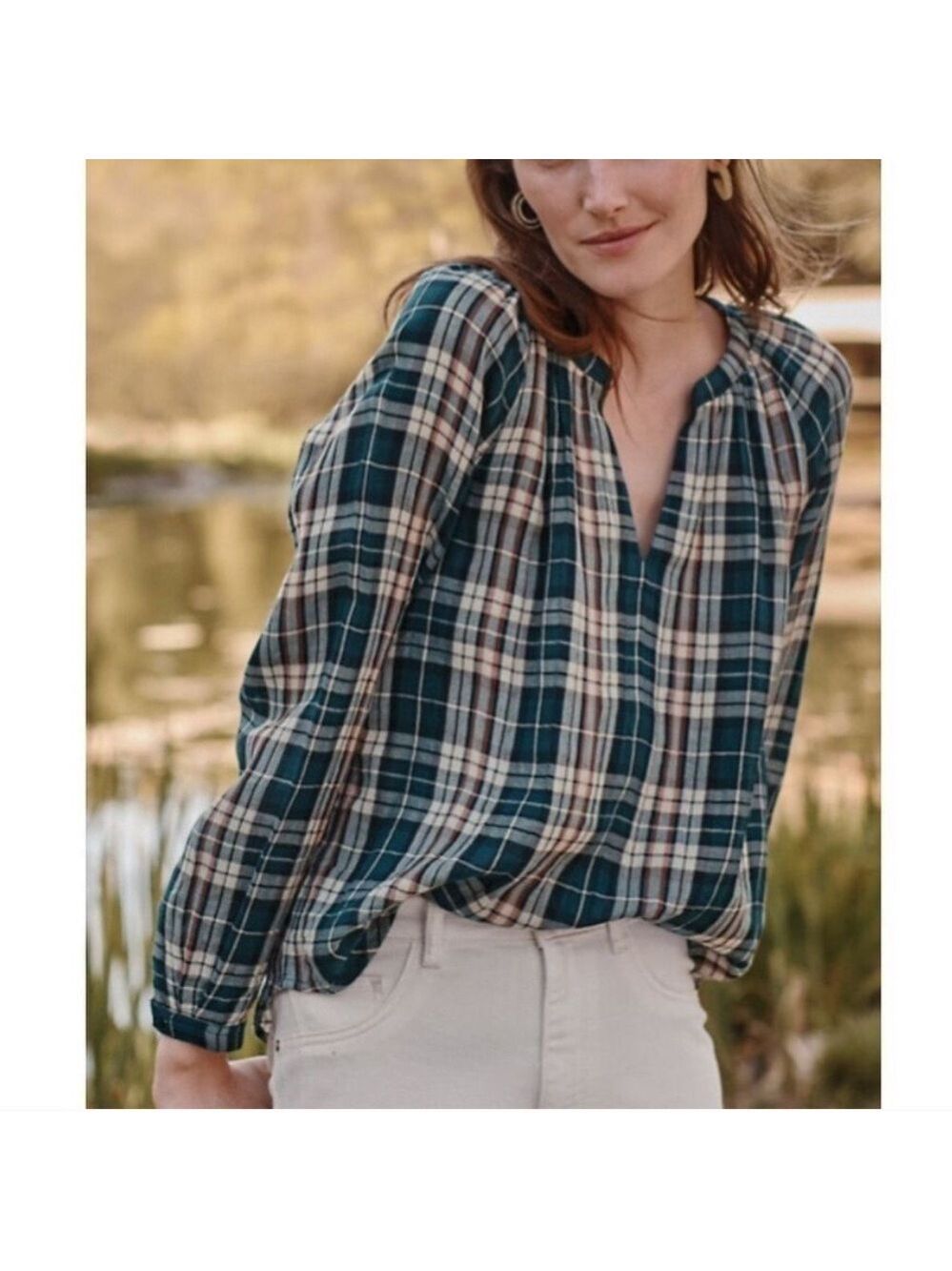 NWT Garnet Hill Plaid Organic Cotton V-Neck Popover Blouse XL